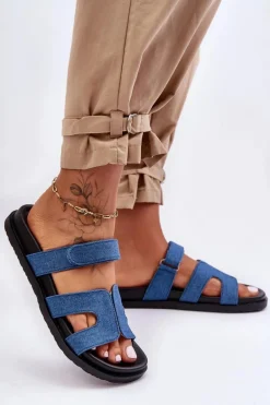 Materiałowe Damskie Klapki Na Rzep Ciemnoniebieskie Jose