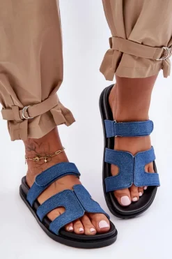 Materiałowe Damskie Klapki Na Rzep Ciemnoniebieskie Jose