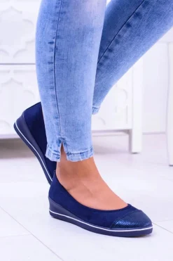 Materiałowe Granatowe Baleriny Na Koturnie Elleni