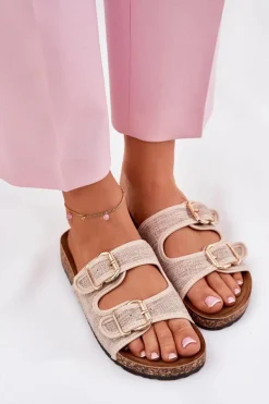 Materiałowe Klapki Damskie Na Korkowej Platformie Z Klamrami Beżowe Osoffe