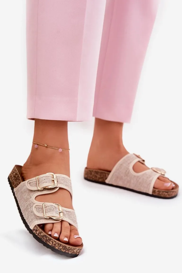 Materiałowe Klapki Damskie Na Korkowej Platformie Z Klamrami Beżowe Osoffe