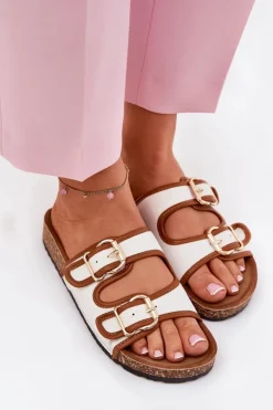 Materiałowe Klapki Damskie Na Korkowej Platformie Z Klamrami Białe Osoffe