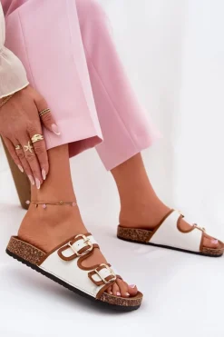 Materiałowe Klapki Damskie Na Korkowej Platformie Z Klamrami Białe Osoffe