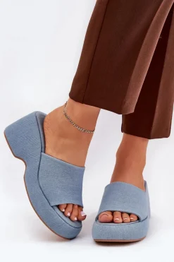 Materiałowe Klapki Damskie Na Platformie I Koturnie Jeansowe Afisal