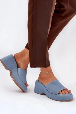 Materiałowe Klapki Damskie Na Platformie I Koturnie Jeansowe Afisal