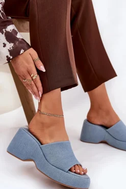 Materiałowe Klapki Damskie Na Platformie I Koturnie Jeansowe Afisal