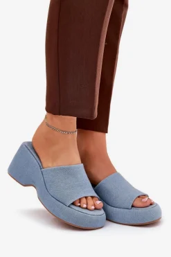 Materiałowe Klapki Damskie Na Platformie I Koturnie Jeansowe Afisal