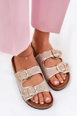 Materiałowe Klapki Damskie Na Korkowej Platformie Z Klamrami Złote Osoffe