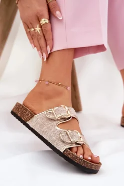 Materiałowe Klapki Damskie Na Korkowej Platformie Z Klamrami Złote Osoffe