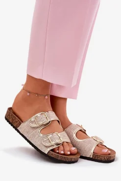 Materiałowe Klapki Damskie Na Korkowej Platformie Z Klamrami Złote Osoffe