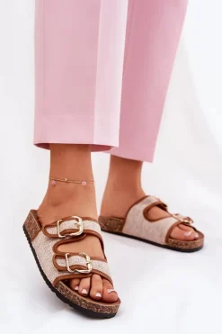 Materiałowe Klapki Damskie Na Korkowej Platformie Z Klamrami Camel Osoffe