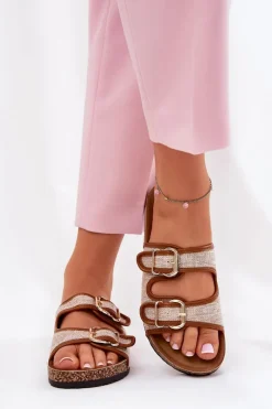 Materiałowe Klapki Damskie Na Korkowej Platformie Z Klamrami Camel Osoffe