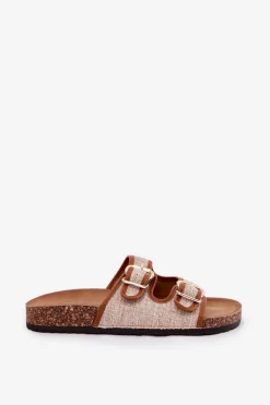 Materiałowe Klapki Damskie Na Korkowej Platformie Z Klamrami Camel Osoffe