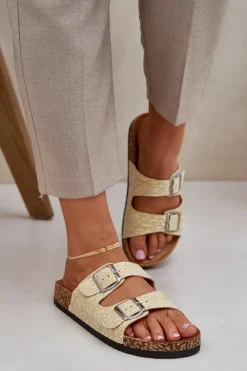 Materiałowe Klapki Na Korkowej Podeszwie Z Klamrami Żółte Atera