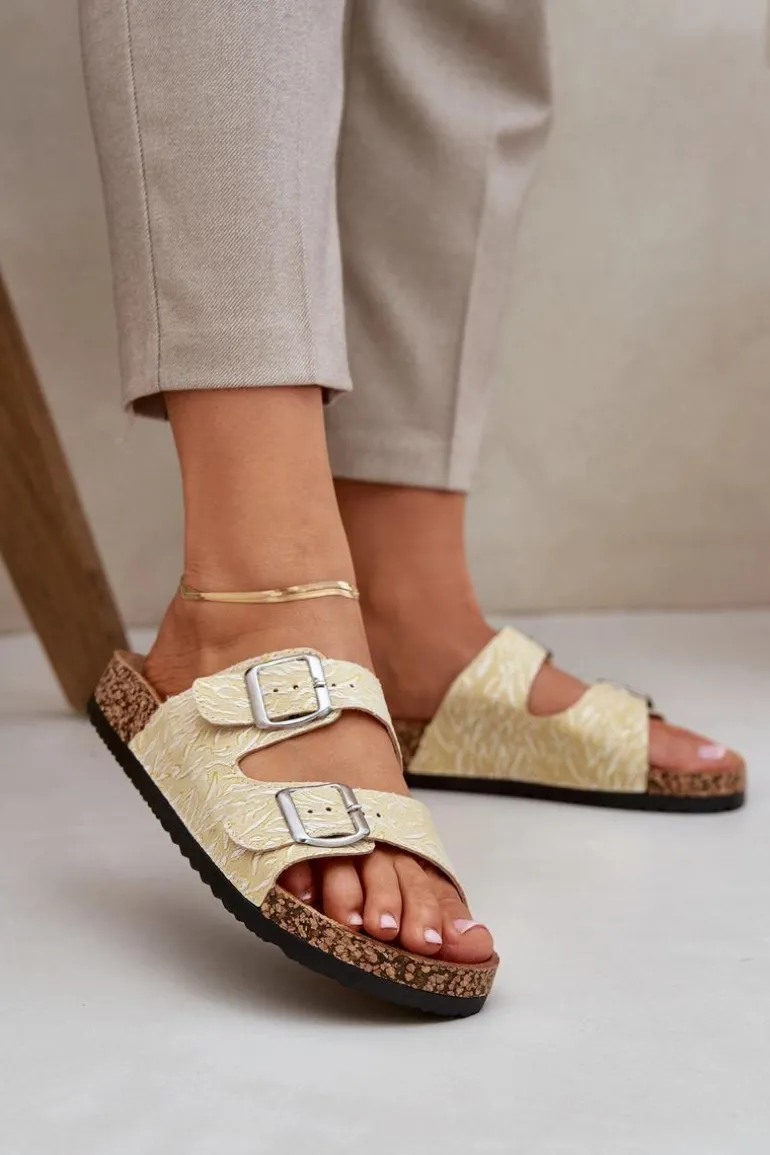 Materiałowe Klapki Na Korkowej Podeszwie Z Klamrami Żółte Atera