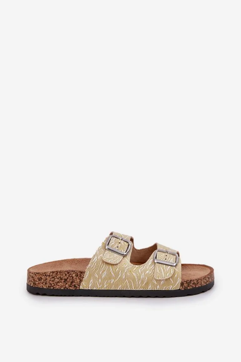 Materiałowe Klapki Na Korkowej Podeszwie Z Klamrami Żółte Atera