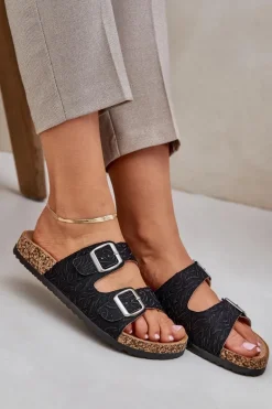 Materiałowe Klapki Na Korkowej Podeszwie Z Klamrami Czarne Atera