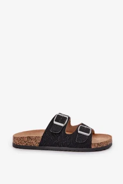Materiałowe Klapki Na Korkowej Podeszwie Z Klamrami Czarne Atera