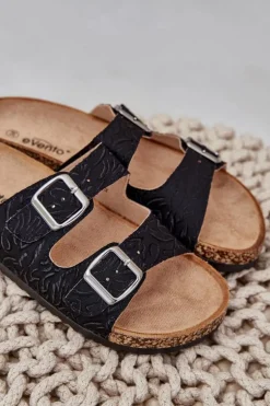 Materiałowe Klapki Na Korkowej Podeszwie Z Klamrami Czarne Atera