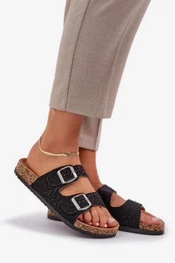 Materiałowe Klapki Na Korkowej Podeszwie Z Klamrami Czarne Atera