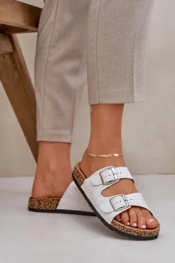 Materiałowe Klapki Na Korkowej Podeszwie Z Klamrami Jasnoszare Atera