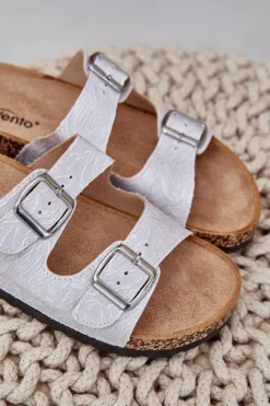 Materiałowe Klapki Na Korkowej Podeszwie Z Klamrami Jasnoszare Atera