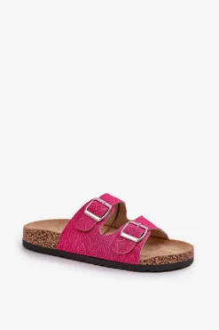 Materiałowe Klapki Na Korkowej Podeszwie Z Klamrami Fuksja Atera