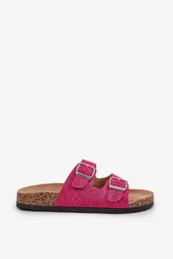 Materiałowe Klapki Na Korkowej Podeszwie Z Klamrami Fuksja Atera