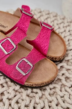 Materiałowe Klapki Na Korkowej Podeszwie Z Klamrami Fuksja Atera