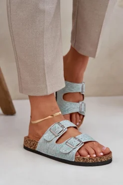 Materiałowe Klapki Na Korkowej Podeszwie Z Klamrami Miętowe Atera