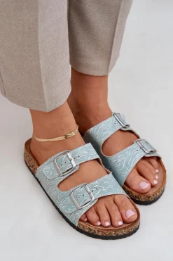 Materiałowe Klapki Na Korkowej Podeszwie Z Klamrami Miętowe Atera