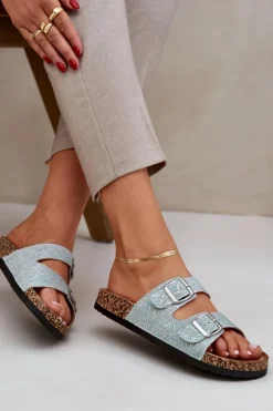 Materiałowe Klapki Na Korkowej Podeszwie Z Klamrami Miętowe Atera