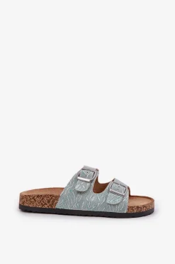 Materiałowe Klapki Na Korkowej Podeszwie Z Klamrami Miętowe Atera