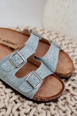 Materiałowe Klapki Na Korkowej Podeszwie Z Klamrami Miętowe Atera