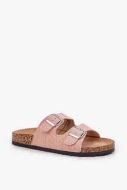 Materiałowe Klapki Na Korkowej Podeszwie Z Klamrami Różowe Atera