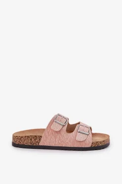 Materiałowe Klapki Na Korkowej Podeszwie Z Klamrami Różowe Atera