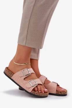 Materiałowe Klapki Na Korkowej Podeszwie Z Klamrami Różowe Atera