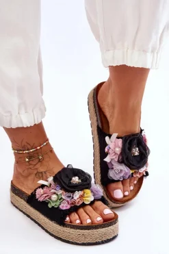 Materiałowe Klapki Z Kwiatami Czarne Nessa