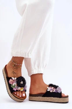 Materiałowe Klapki Z Kwiatami Czarne Nessa