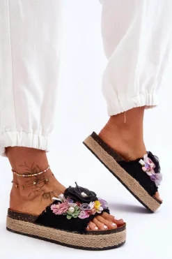 Materiałowe Klapki Z Kwiatami Czarne Nessa