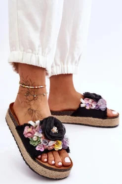 Materiałowe Klapki Z Kwiatami Czarne Nessa