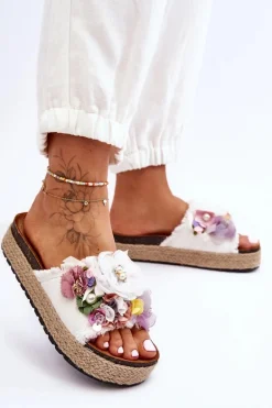 Materiałowe Klapki Z Kwiatami Białe Nessa