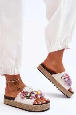 Materiałowe Klapki Z Kwiatami Białe Nessa