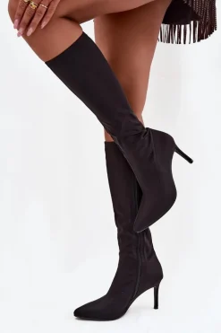 Materiałowe Kozaki Damskie Na Szpilce S.Barski HY52-513 Czarne