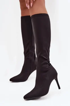 Materiałowe Kozaki Damskie Na Szpilce S.Barski HY52-513 Czarne