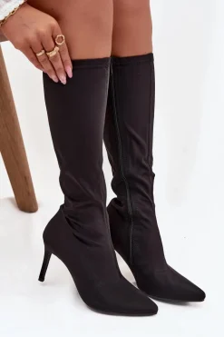 Materiałowe Kozaki Damskie Na Szpilce S.Barski HY52-513 Czarne