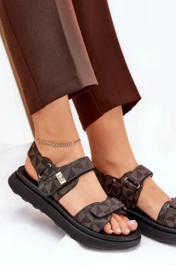 Materiałowe Sandały Damskie Na Platformie Czarno-Brązowe Leriot