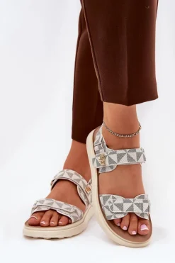 Materiałowe Sandały Damskie Na Platformie Beżowe Leriot