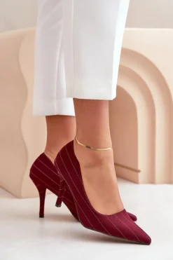 Materiałowe Szpilki Damskie W Paski Bordowe Tifidra