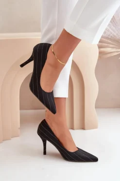 Materiałowe Szpilki Damskie W Paski Czarne Tifidra